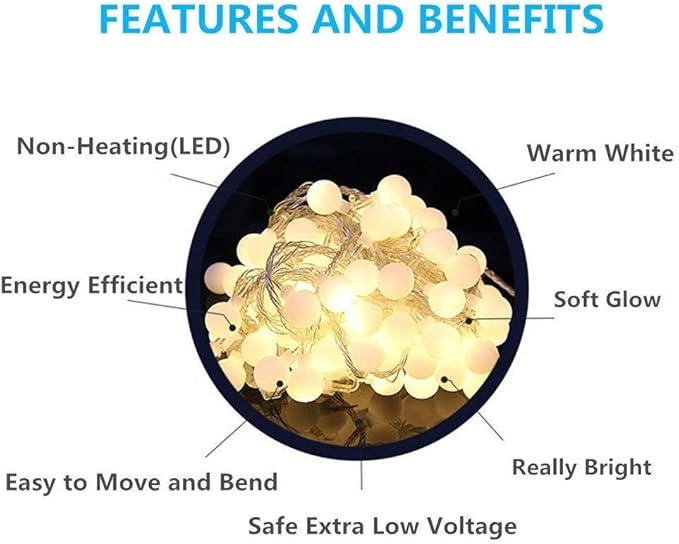 Globe String Lights for Bedroom, 49 Feet 100 LED Fairy Lights Plug in, 8 Modes Warm White Christmas String Lights for Indoor Outdoor Patio Party Garden Wedding Christmas Tree Decor