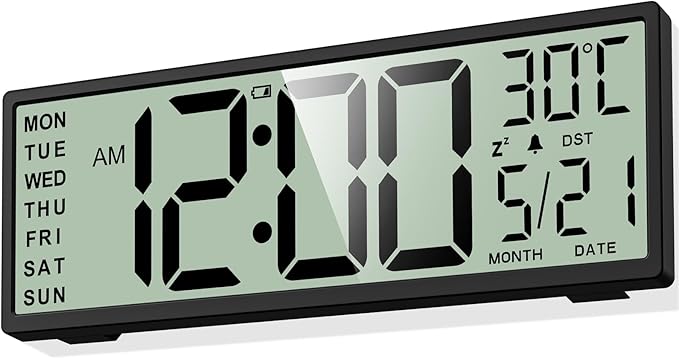 XREXS 14.5" Digital Wall Clock Battery Operated with Big Digits LCD Screen Display, Large Display Timer with Temperature Date Week Auto DST, Alarm Clock for Classroom, Livingroom, Office