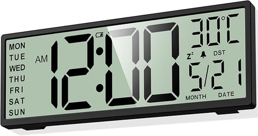 XREXS 14.5" Digital Wall Clock Battery Operated with Big Digits LCD Screen Display, Large Display Timer with Temperature Date Week Auto DST, Alarm Clock for Classroom, Livingroom, Office
