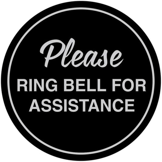 Signs ByLITA Circle Please Ring Bell For Assistance Wall or Door Sign | Easy Installation | Front Desk Reception Sign (Black/Silver) - Small (10 Pack)