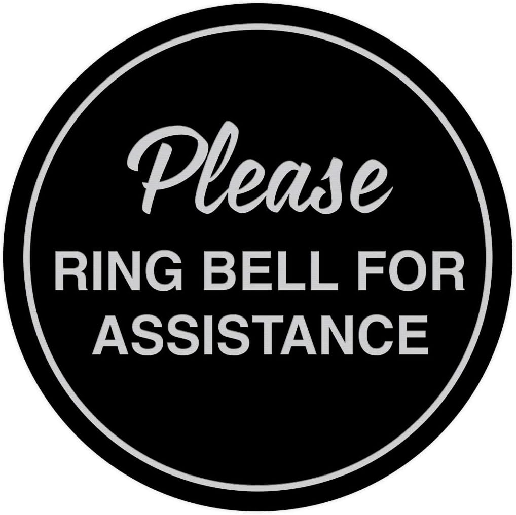 Signs ByLITA Circle Please Ring Bell For Assistance Wall or Door Sign | Easy Installation | Front Desk Reception Sign (Black/Silver) - Small (1 Pack)