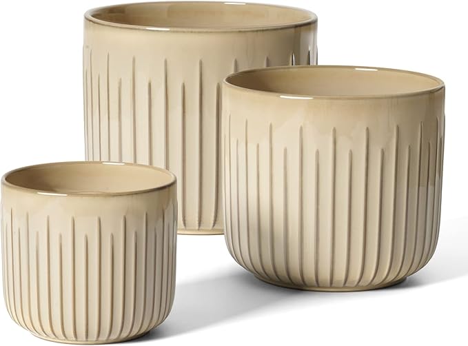 LE TAUCI Fluted Ceramic Planters Set of 3 – 8.3/7 / 5.7 in Cloud Cream Reactive Cylinder Indoor Plant Pots with Drainage Plug & Mesh, Glossy Stoneware Flower Pots for Succulents Herbs