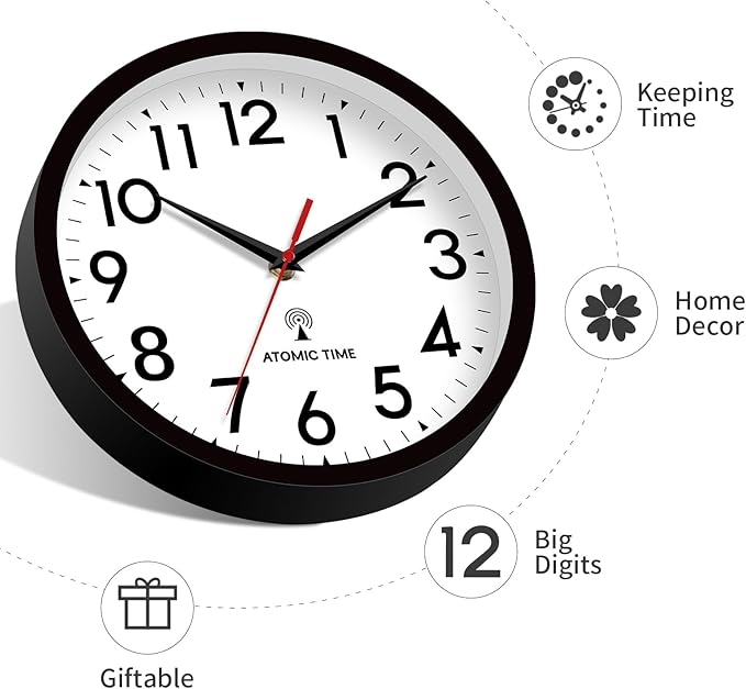 Atomic Wall Clock Analog 14 Inch Battery Operated Modern Decorative for Living Room Kitchen Office Bedroom Bathroom(Black)