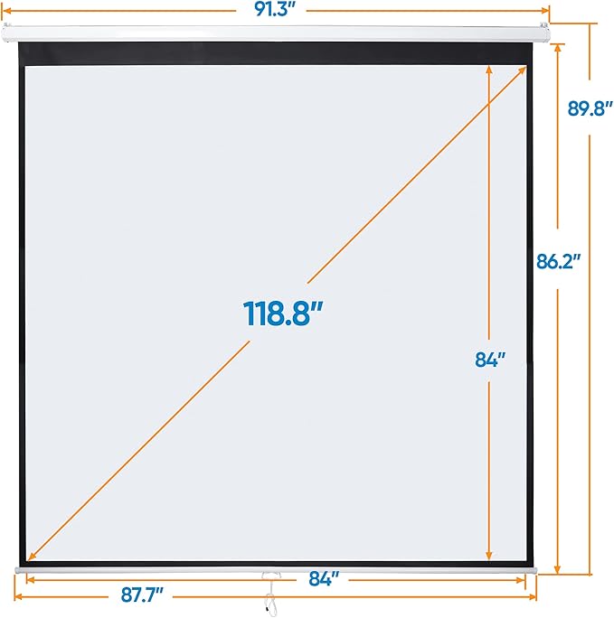 SUPER DEAL 120'' Projector Screen, Retractable Projection Screen Manual Pull Down HD Screen 1:1 Format for Home Cinema Theater Presentation Education Outdoor Indoor Public Display
