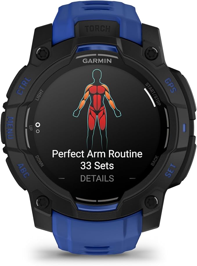 Garmin Instinct® 3 – 45 mm, AMOLED Display, Rugged Outdoor GPS Smartwatch, Built-in Flashlight, Supernova Collection Limited Edition Color, Black with Bolt Blue/Black Silicone Band