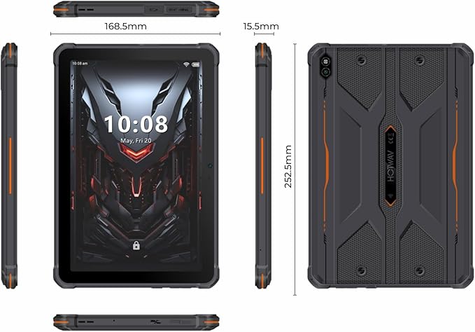 HOTWAV R8 Rugged Tablet 2024 Android 14, 10.1 inch HD+ Waterproof Tablet, 12GB+128GB/1TB TF 10800mAh, 13MP+5MP Camera Outdoor Tablets, Unisoc T606/Octa-Core/4G Dual SIM/5G WiFi/IP68&IP69K/Face ID/OTG