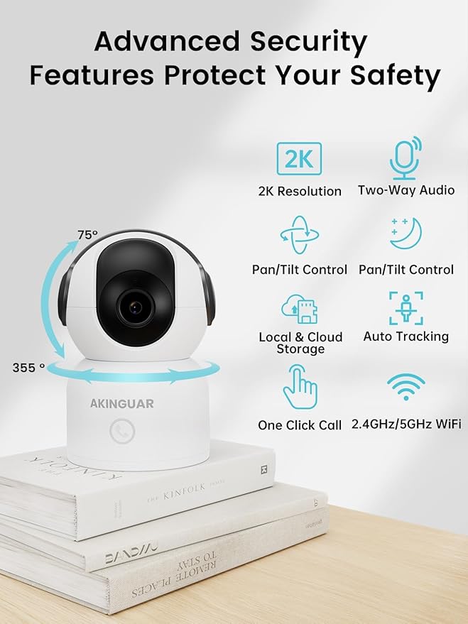 2K 3MP Indoor Security Camera, 5GHz/2.4GHz WiFi Camera, Security Camera for Home, 360°Pan Security Cameras with Motion Detection & One-Touch Call, Night Vision, Compatible with Alexa, Black