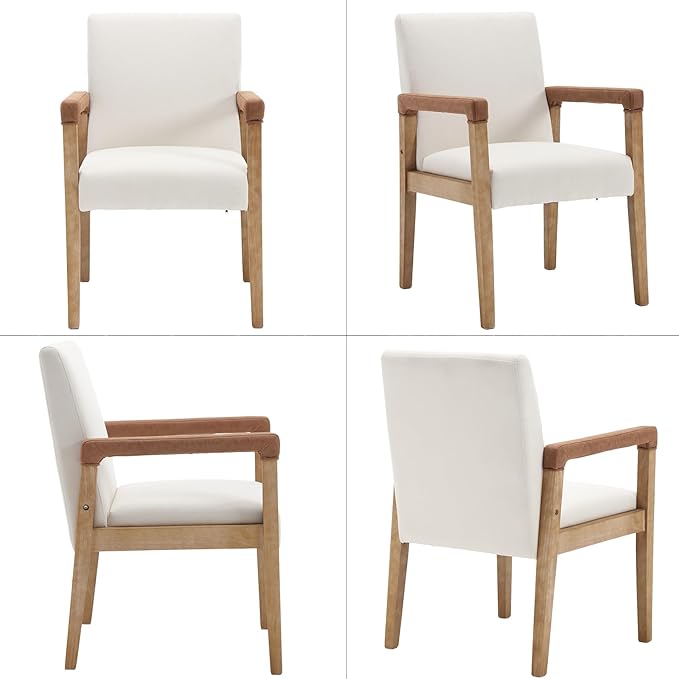 Kmax Modern Dining Chairs Set of 4 Linen Fabric Kitchen Arm Chairs Upholstered Accent Chairs with Wooden Legs for Dining Room, Living Room, Bedroom, White