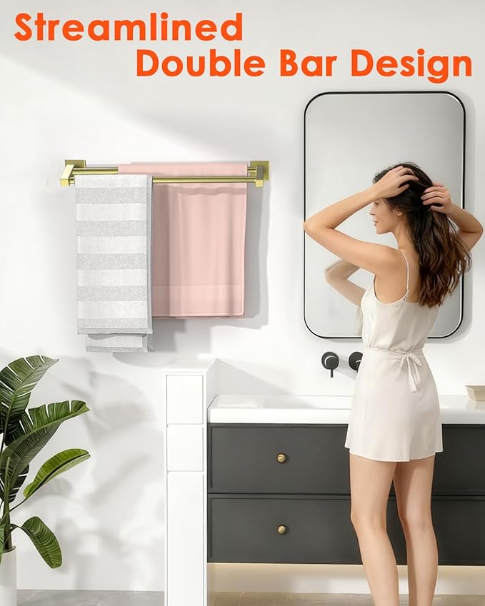Alise Bath Double Towel Bars Towel Racks for Bathroom Lavatory,Wall Mount Towel Holder Heavy Duty SUS304 Stainless Steel Towel Hanger Towel Rail,Gold Finish,16 Inch