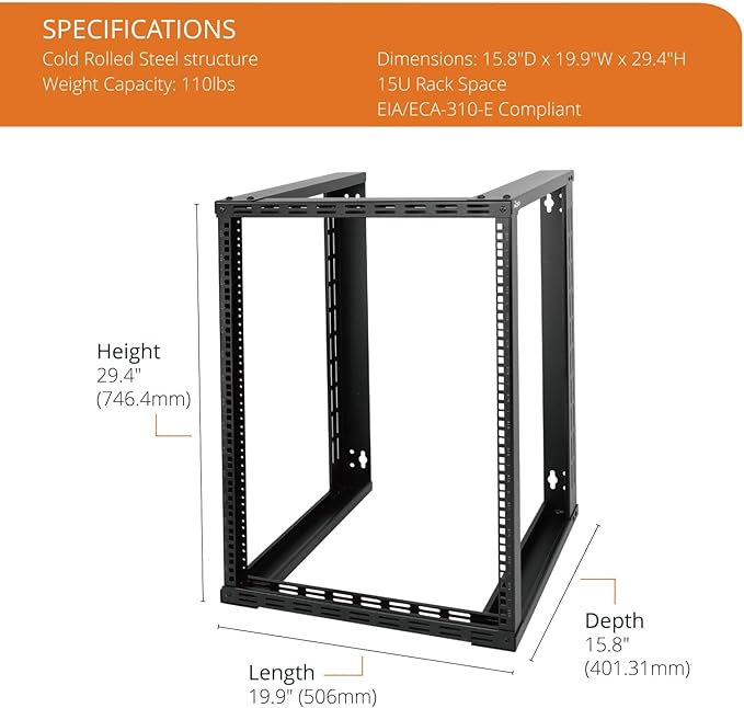 Tecmojo 15U Wall Mount Rack, Wall Mount Network Rack 15.8in Depth, Open Frame Server Rack for 19in IT/AV/Data/Home Equipment, Black