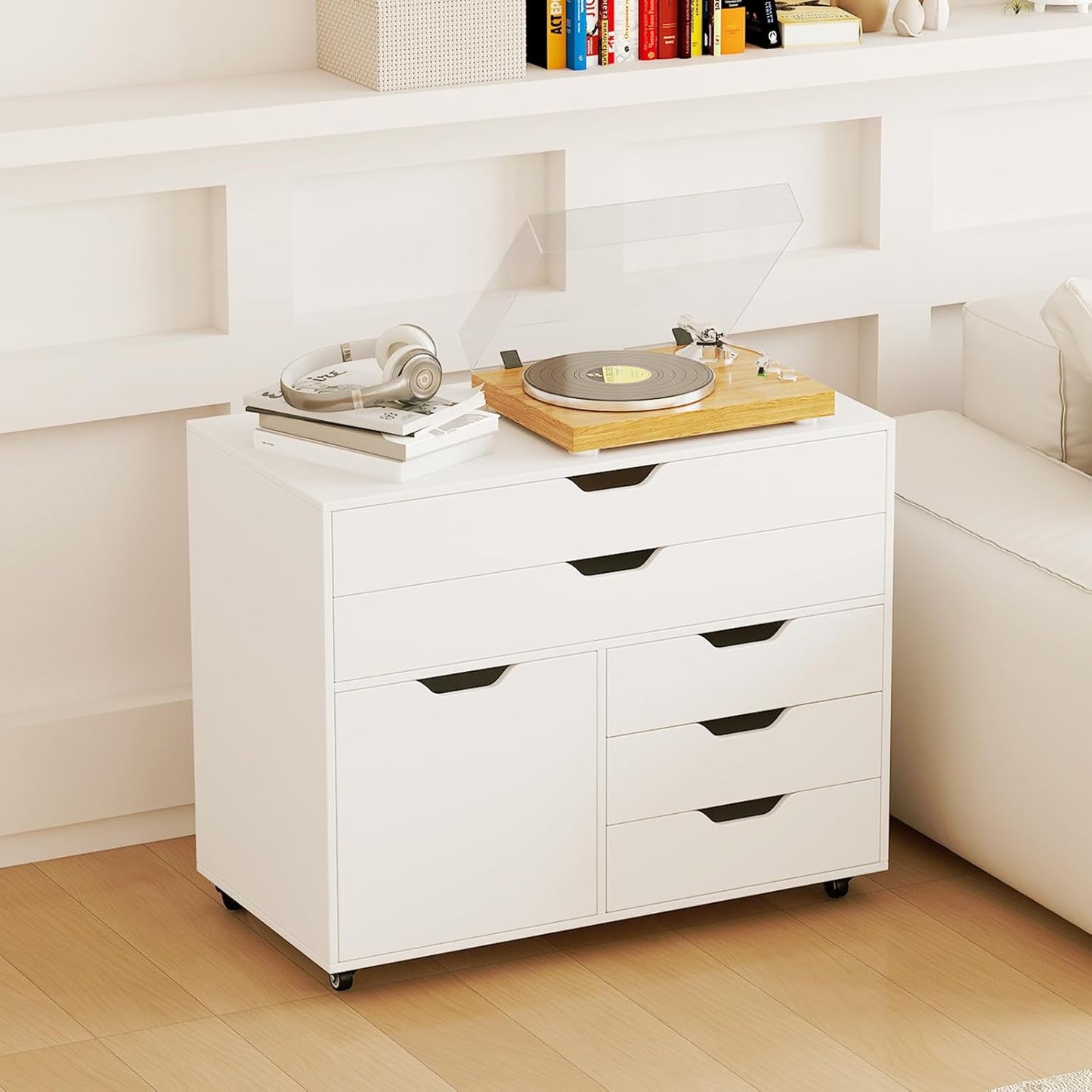 Giantex File Cabinet, Rolling Lateral Filing Cabinet with 2 Large Drawers, 3 Small Drawers, Wheels, Load 220 Lbs, Office Craft Storage Organization, Mobile Storage Organizer, Printer Stand