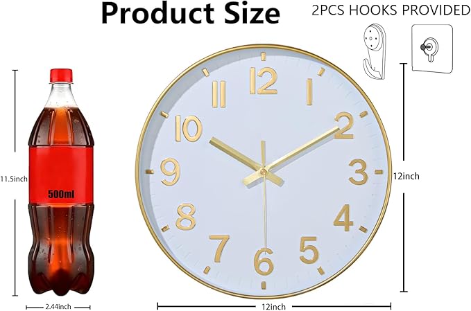 Gold Wall Clocks Battery Operated, 12 Inch Non Ticking Digital Wall Clock, Silent Analog Clock for Bedroom Living Room Kitchen Office Gym Classroom, Large Number Clocks for Seniors Elderly