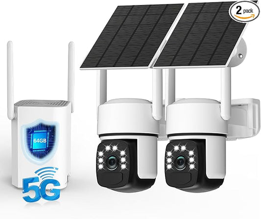 Solar Security Cameras Wireless Outdoor, 2 Cam-Kit, 4MP Home Security System with Color Night Vision, 2.4G & 5G WiFi, 360° Pan & Tilt, 64GB Local Storage, No Subscription, Motion Detection, Spotlight
