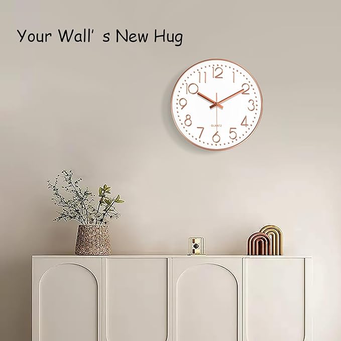 Silent Wall Clocks Battery Operated 8 Inch, Analog Wall Clock with Oversized Number Tempered Glass Clock Face, Rose Gold Quartz Non Ticking Wall Clocks for Living Room Bedroom Kitchen Office