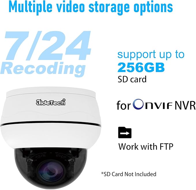 JideTech 10X Hybrid Zoom Outdoor 4K PTZ PoE IP Dome Camera, Auto Tracking, Pan Tilt Security Camera with IR Night Vision, Human/Vehicle Detection, Two Way Talk, SD Card Slot,IP66, for Onvif NVR