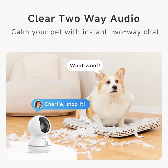 Noorio Security Camera Indoor, 4MP UHD Pet/Dog Camera 360-Degree for Home Security, One-Touch Call, Auto Motion Tracking, Night Vision, 2.4G Only