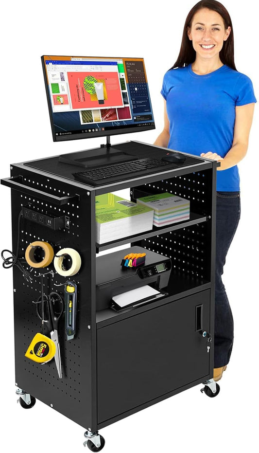 Mobile AV Cart with Locking Cabinet & Wheels, Heavy Duty Rolling Media Cart with Customized Pegboard & Hooks, Multipurpose Utility Cart 100lbs Load Capacity, Black