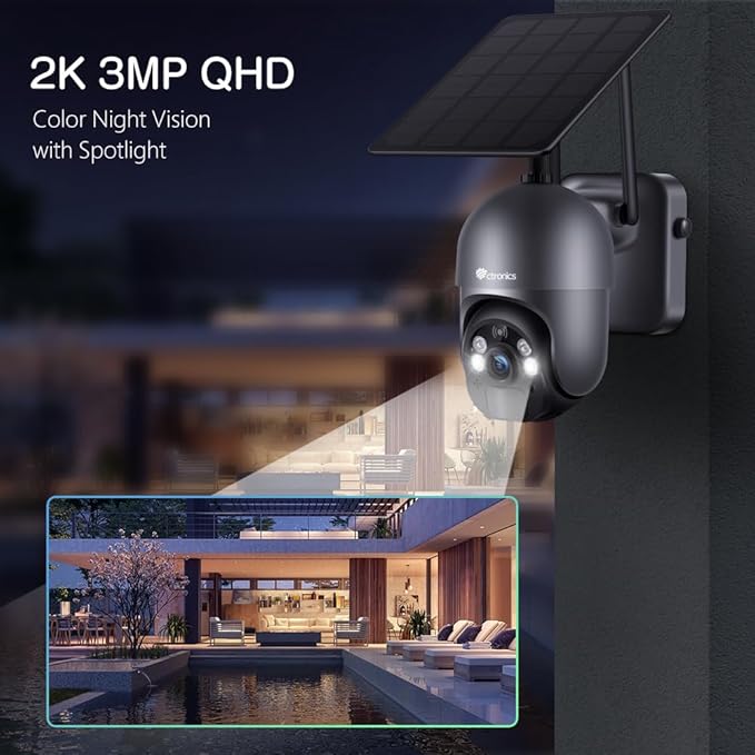 Ctronics 3MP Solar Security Camera Wireless Outdoor WiFi, PTZ Surveillacne Camera Battery-Powered for Home Security, 360° View, Spotlight Color Night Vision, PIR Human Detection, 2-Way Audio (Grey)