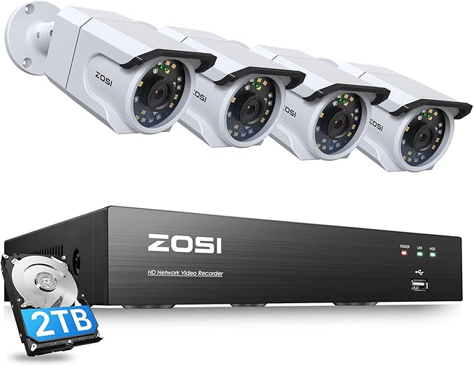 ZOSI 8CH 4K PoE Security Camera System,4pcs 8MP Outdoor Indoor PoE Cameras,Color Night Vision,Human Detection,Spotlight Siren,One-Way Audio,4K 8Channel CCTV NVR with 2TB HDD for Home 24/7 Recording