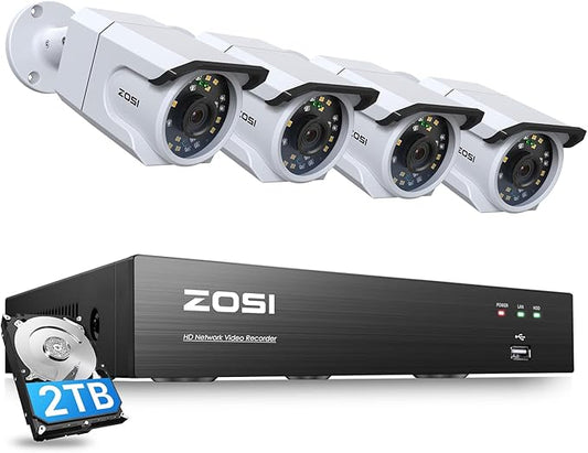 ZOSI 8CH 4K PoE Security Camera System,4pcs 8MP Outdoor Indoor PoE Cameras,Color Night Vision,Human Detection,Spotlight Siren,One-Way Audio,4K 8Channel CCTV NVR with 2TB HDD for Home 24/7 Recording