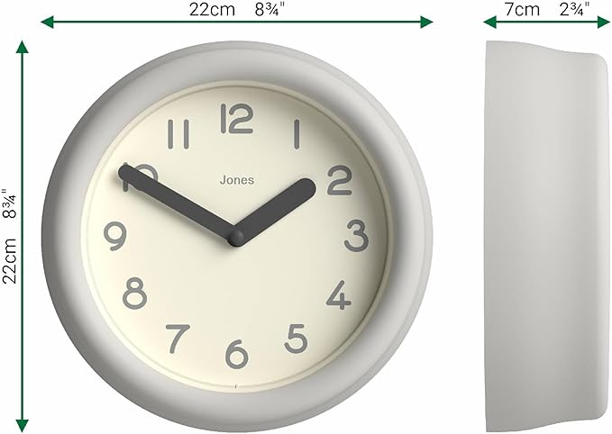 JONES CLOCKS® Fuze Wall Clock | Small Round Clock | Gray | Playful Modern Design with Soft sculptural Presence | Ideal for Kitchens Living Rooms Kid's bedrooms