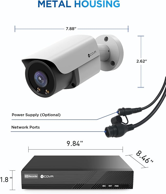 4COVR 4K PoE Security Camera System, 2-Way Audio, Smart Color Night Vision, 4X 5MP Bullet IP Cameras, IP67 Weatherproof, Person/Vehicle Detection, 8CH NVR 2TB HDD, 24/7 Recording, LY37YX5M0804-1