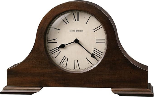 Howard Miller Humphrey Mantel Clock, Roman Numerals Analog Dial with Quartz Movement Triangular Burl Overlays, Hampton Finish Aged Vintage Design for Home Decor, Bedroom & Living Room