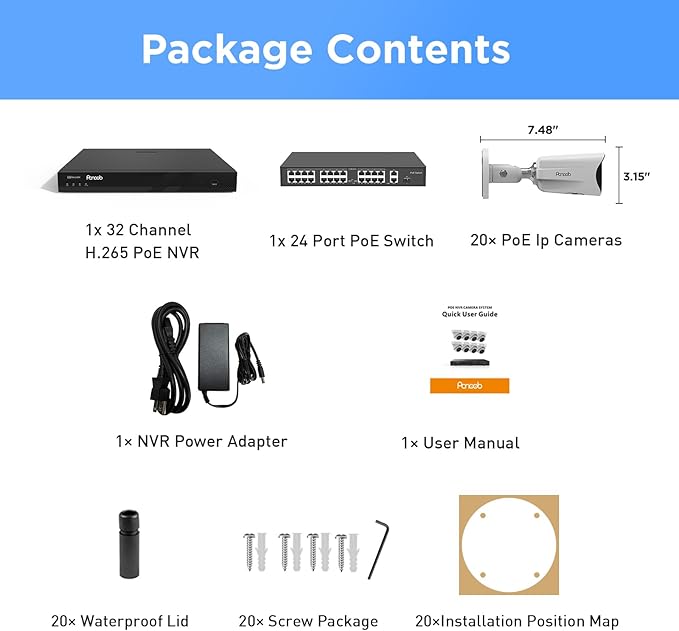 32 Channel 4K Security Camera System, 20x 8MP PoE Bullet Cameras with Spotlight Color Night Vision, Two-Way Audio, AI Human/Vehicle Detection, 4K NVR 8TB Storage, Remote Access, PB65A2032-8MD-1