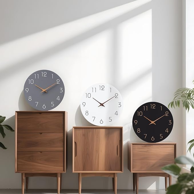 Mosewa 12 Inch Black Wall Clock Battery Operated Silent Non Ticking Modern Simple Minimalist Decorative for Kitchen Bedroom Home Office Bathroom Living Room