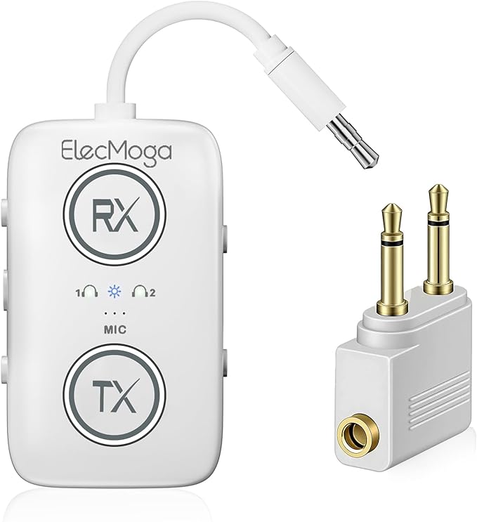 2026 Upgraded Airplane Bluetooth 5.4 Adapter with aptX Adaptive, ElecMoga Airplane Travel Essentials Supports 2 AirPods or Headphones, 2-in-1 AUX Wireless Transmitter Receiver for Gym, TV, Car, White