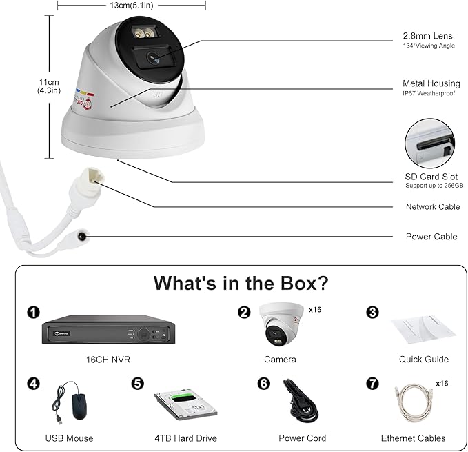 Anpviz 16CH PoE Security Camera System with AI Human/Vehicle Detection,16pcs Wired 5MP IP Cameras with Mic, Smart Dual Light Color Night Vision, True WDR,4K 16CH NVR with 4TB HDD for 24/7 Recording