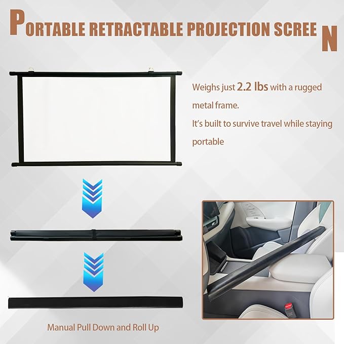 Projector Screen Small for Car, 40 inch 16:9, 4K HD, Portable Projection Screen Retractable, Manual Pull Down and Roll Up Mini Screen, Fitting Car, SUV, RV and More (Manual Rolling)
