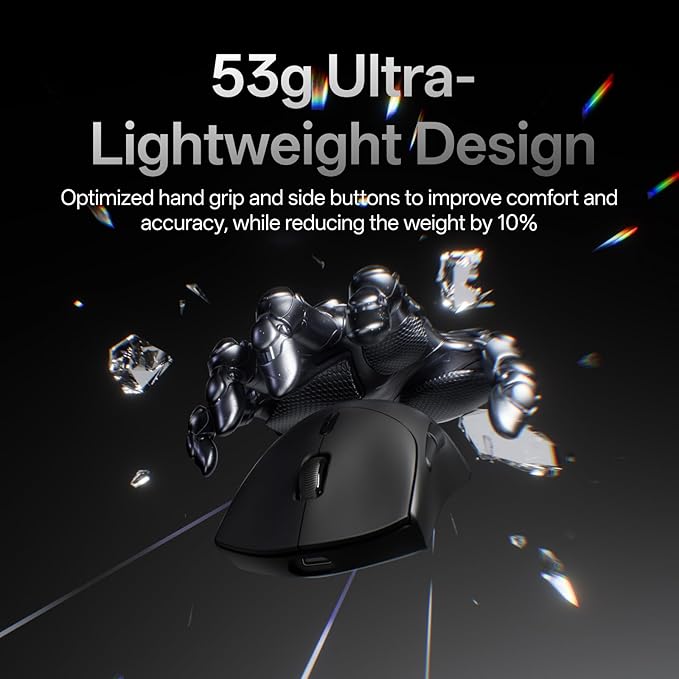 Rapoo VT7 Wireless Gaming Mouse, True 8K Wireless Polling Rate, 53g Lightweight, Up to 750 Hr Battery, Nordic nRF54L15 MCU, 100-Million Mechanical Switch, 10 Programmable Buttons, Black