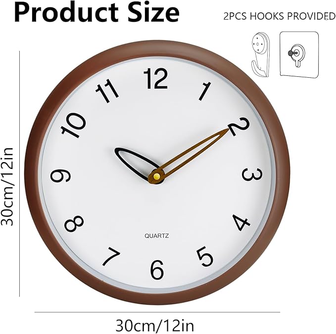 Wall Clock, 12 Inch Wall Clocks Battery Operated, Silent Non Ticking Analog Clock with Large Numbers, Cream Modern Wooden Hands Clocks for Living Room Bedroom Kitchen Hotel Farmhouse, Brown