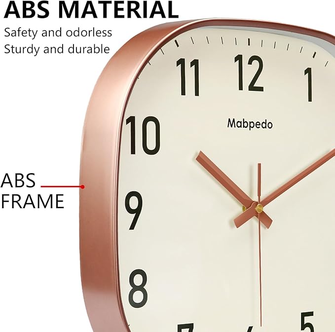 10 Inch Wall Clock, Silent Non Ticking Wall Clocks Battery Operated, Square Analog Decorative Wall Clocks for Bedroom Living Room Office Home Gym Porch Decor Indoor Outdoor Clock, Rose Gold