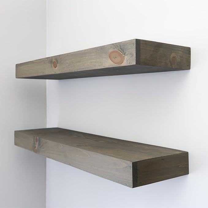 Modern Floating Shelves 3 Inches Thick for Wall, Wide Shelves for Kitchen, Living Room, Bedroom, and Bathroom, Natural Pine Wood, Rustic Wooden Shelf, (Set of 2) (Aged Barrel, 36Lx3Hx6D)
