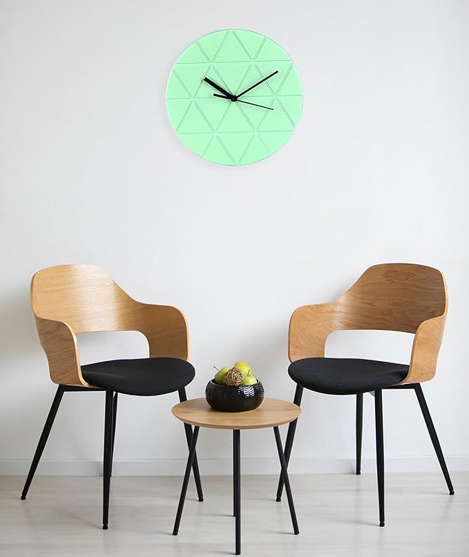 Mint Green Wooden Wall Clock 24cm Round Geometric Triangle Pattern MDF, (Batteries not Included)