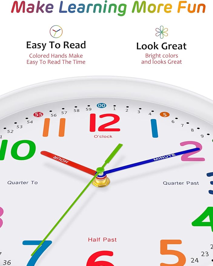 Silent Kids Wall Clock – Non-Ticking, Battery-Powered, Ideal for Teaching Time and Stylish Décor in Any Room - 12 Inch