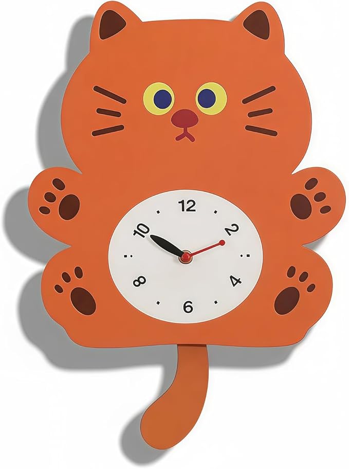 FASHION in THE CITY Adorable Cat Themed Swing Wall Clock,Silent Pendulum Clock,Easy to Read Analog Clock for Cat Lovers,Nursery, Kitchen, Cute Home Decor Gift (YBZ001-Brown)