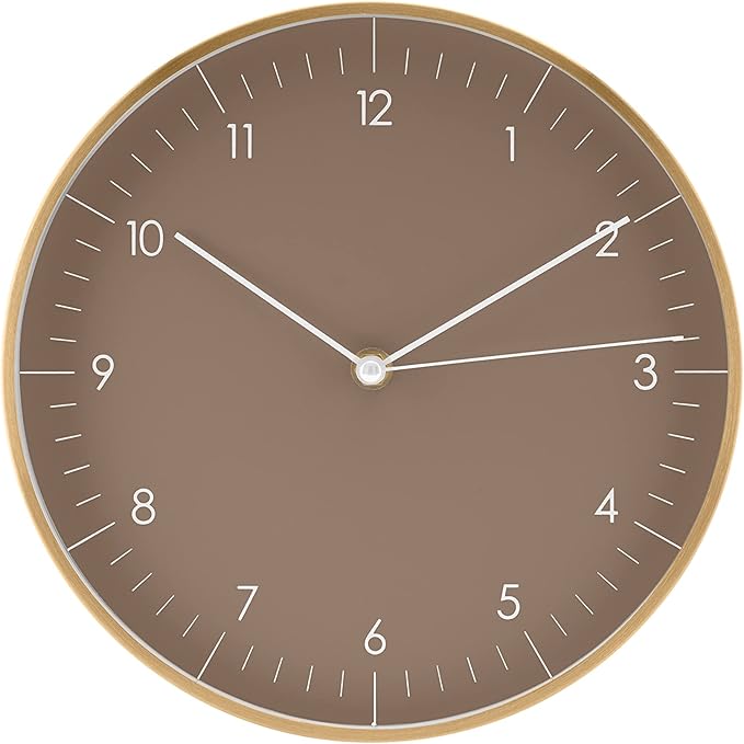 LUUK LIFESTYLE 10” Wall Clock with Silent Movement, Minimalist Scandinavian Design, Kitchen Clock, Decoration for Living Room, Bedroom, Hallway, Housewarming Present, in Brown and Gold