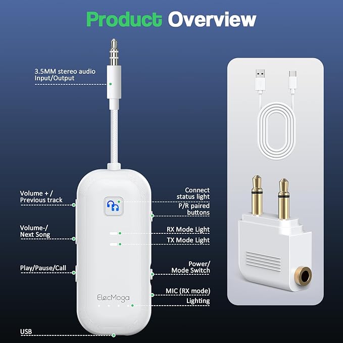 2026 Upgraded Airplane Bluetooth 5.4 Transmitter Bluetooth Adapter, ElecMoga Airplane Travel Essentials Supports 2 AirPods or Headphones, 2-in-1 AUX Wireless Transmitter Receiver for TV, Car, White