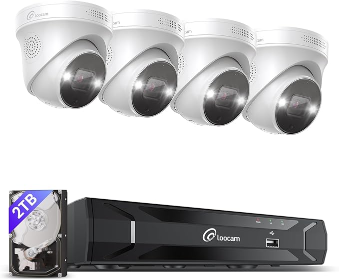 Loocam POE Security Camera System 4K - 4pcs 8MP Bullet Cameras Color Night Vision, Two Way Audio, AI Person/Face/Vehicle Detection, 8CH 8MP NVR, 2TB HDD for 24/7 Recording NVR Security Camera System