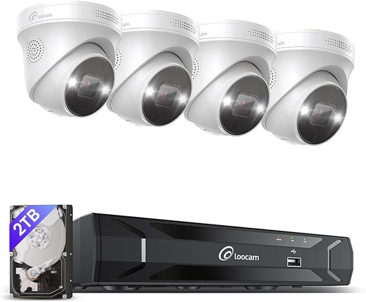 Loocam POE Security Camera System 4K - 4pcs 8MP Bullet Cameras Color Night Vision, Two Way Audio, AI Person/Face/Vehicle Detection, 8CH 8MP NVR, 2TB HDD for 24/7 Recording NVR Security Camera System