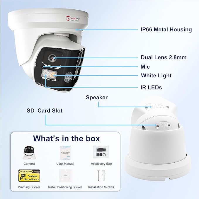 Anpviz 4K Dual Lens PoE IP Security Camera Outdoor 180 Degree Panoramic Wide Angle, 8MP PoE Camera with Smart Dual Light, Human/Vehicle Detection, Two Way Talk, 512GB SD Slot, Full Metal (U Series)