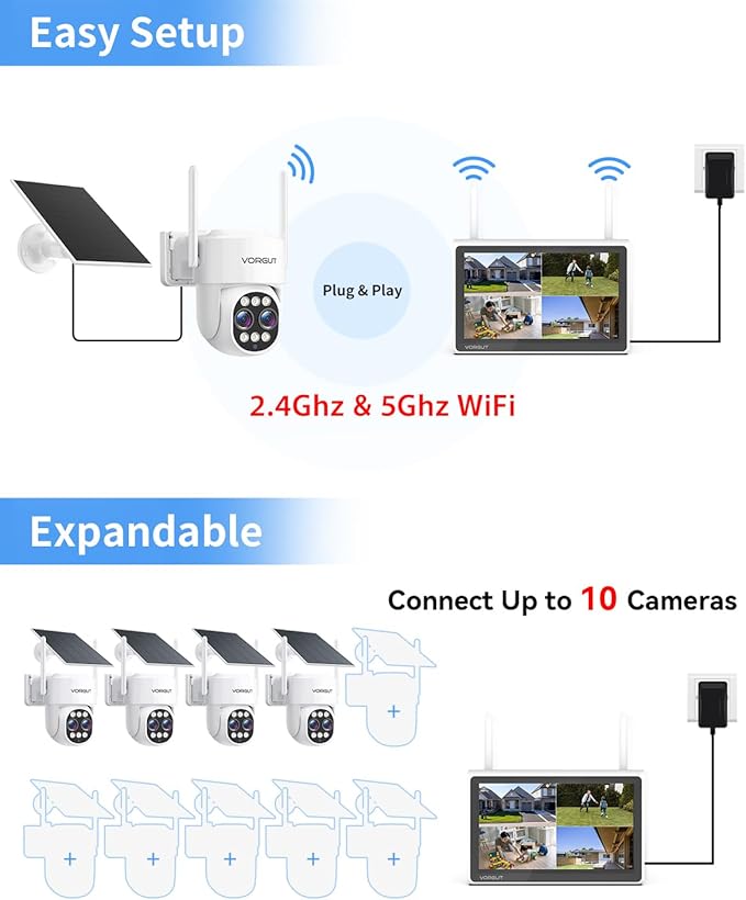 Security Camera Wireless Outdoor System with Monitor, 4pcs Dual Lens 10X Optical Zoom PTZ Cameras for Home Surveillance, Color Night Vision, Auto Tracking, Human Detection, 10CH NVR, 500GB HDD