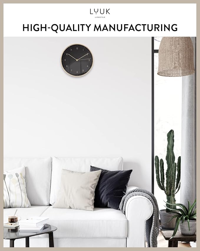 LUUK LIFESTYLE Modern Wall Clock with Silent Movement and no Ticking, Scandinavian Design, Gift idea, Decoration for Living Room, Kitchen, Hallway, in Black & Gold
