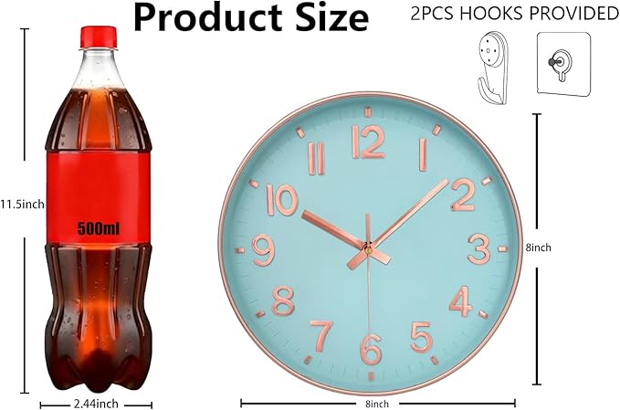 Wall Clock, 8 Inch Wall Clocks Battery Operated, Round Modern Non Ticking Silent Digital Analog Small Wall Clock for Bedroom Living Room Kitchen Office Gym Classroom Outdoor Clocks, Blue