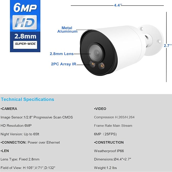 Real HD 6MP Add-On Full Color Night Vision Bullet POE IP Camera for IP NVR Systems, with Visiable White Lights, 105° Viewing Angle, Outdoor, Compatible with Ⲏіk NVR, NDAA Compliant