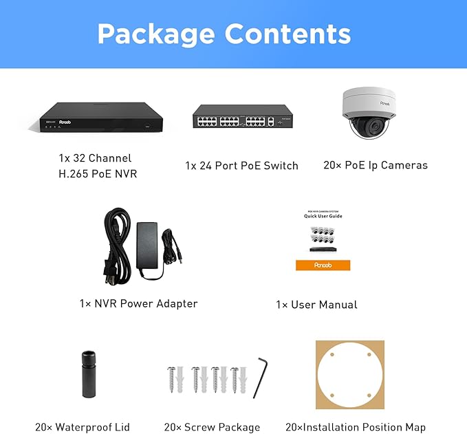 4K 32 Channel Security Camera System, 20X 8MP IK10 Vandal-Proof Dome Cameras Built-in Mic, AI Human/Vehicle Detection, IR Night Vision, 32CH 4K NVR with 8TB HDD, PD54A2032-8M-2