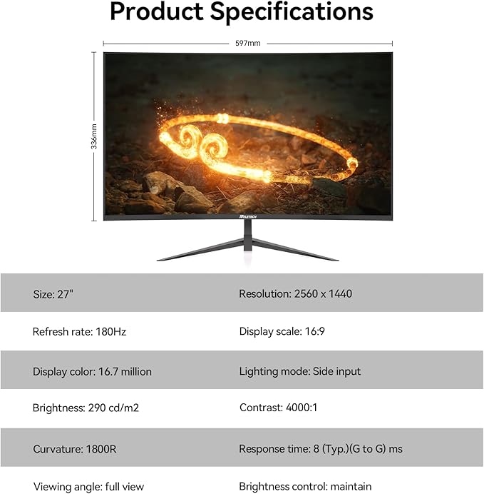 27Inch Ultrawide Curved 180Hz Gaming Computer Monitor -2K QHD(2560x1440) 1800R PC Screenr, 4000:1 Contrast Ratio, 1x Display Port, 2X HDMI ，（G27X Flex Pro）